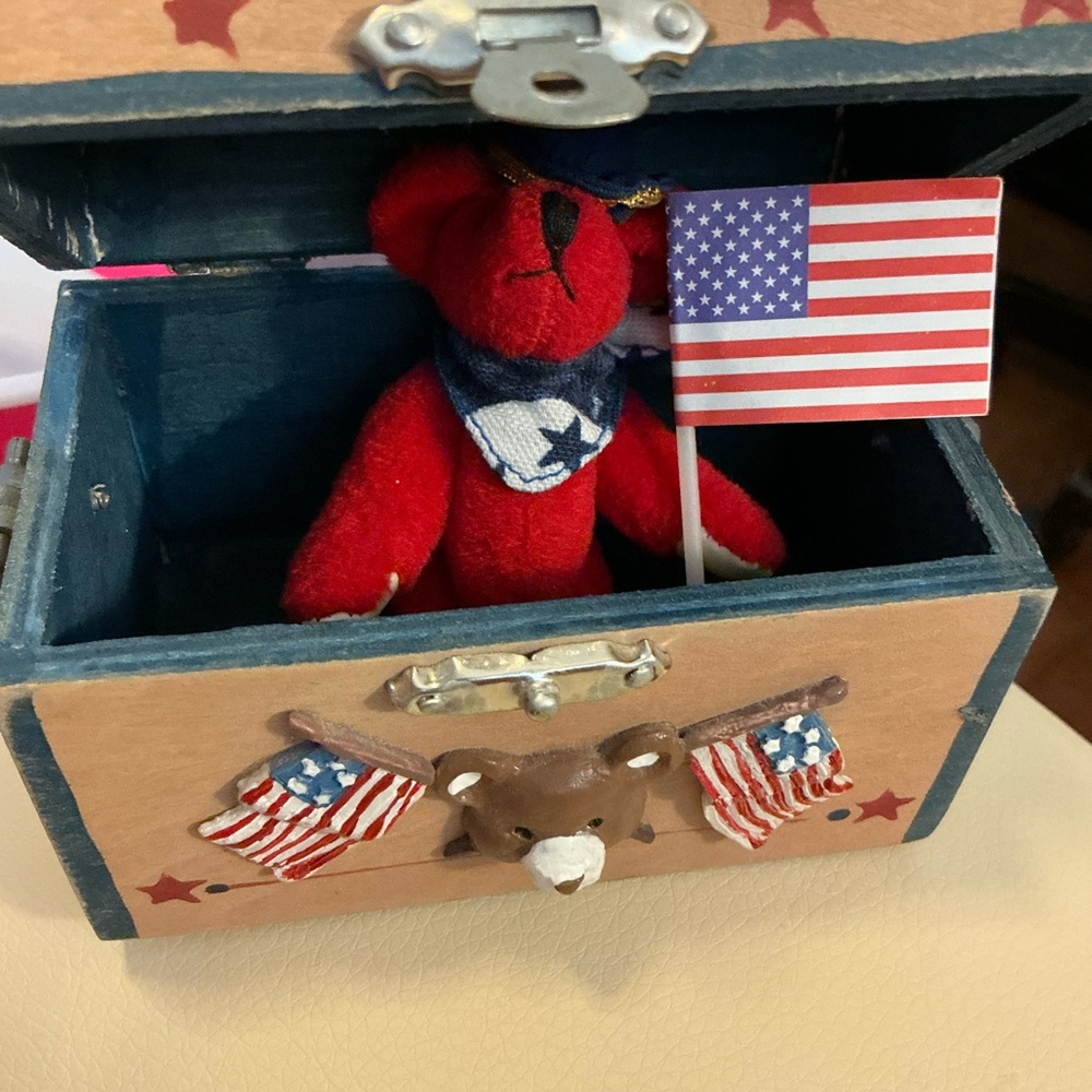 Patriotic Red Teddy Bear in Decorative red white and blue trunk